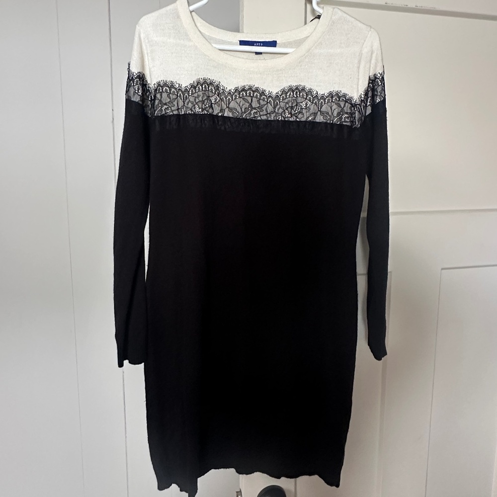 Black and white with lace long sleeve sweater dress